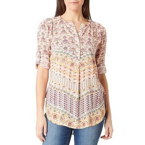 Nine West Jeans Pink and Yellow Patterned Roll Tab Slevees Blouse Size XL